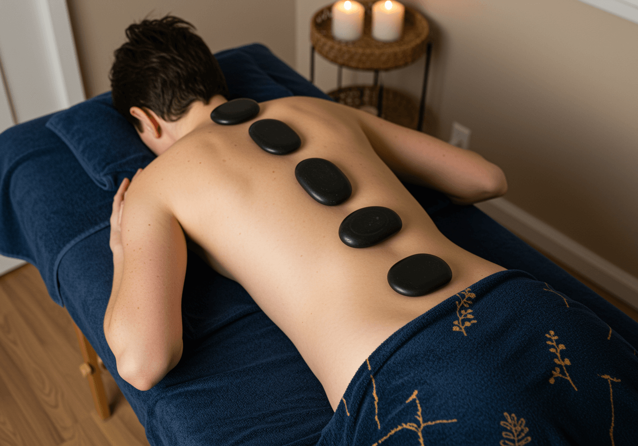 Detalle de un masaje de espalda con piedras calientes