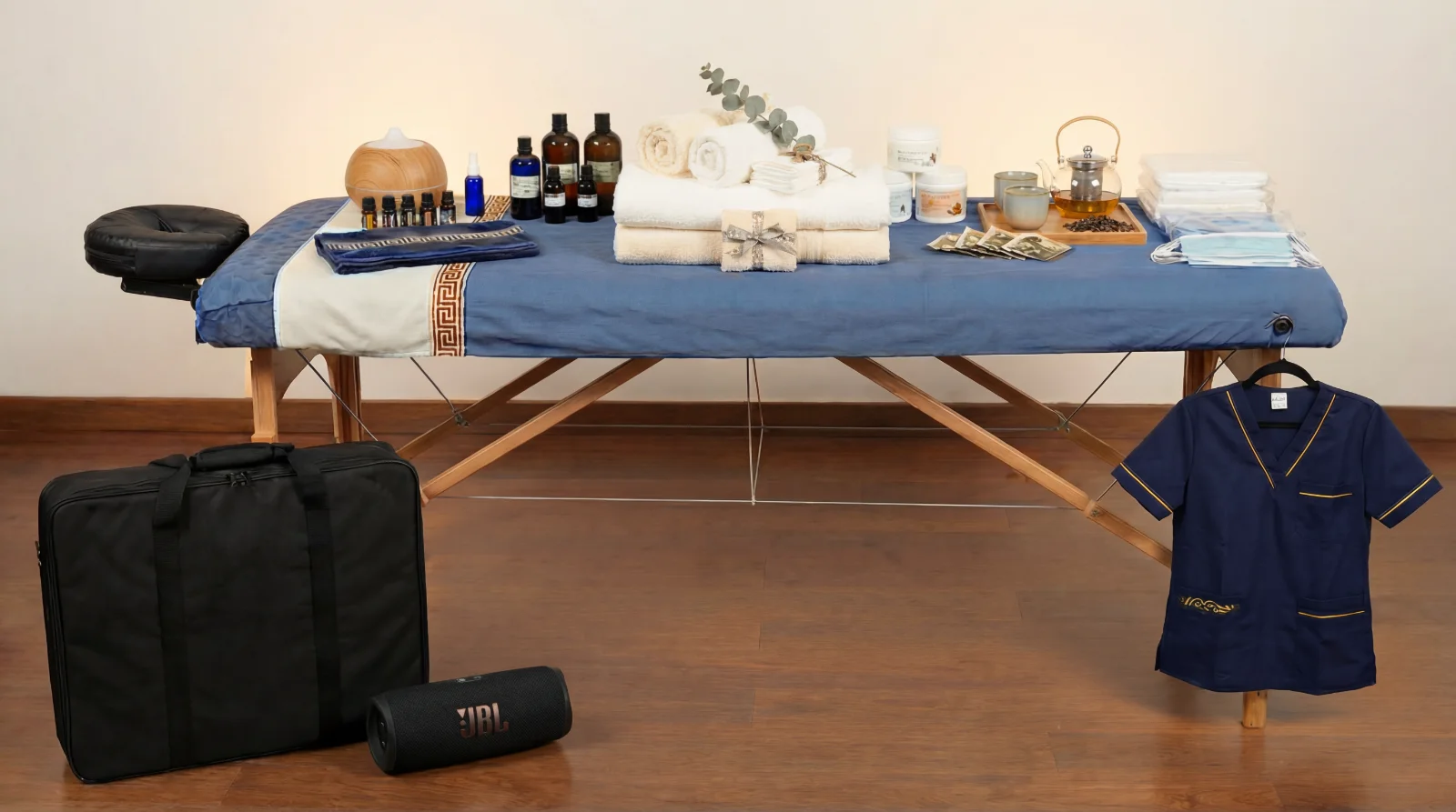 Kit profesional Govinda Masajes — equipamiento completo de la sesión